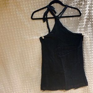 Black medium linen dress ties around neck with slip under Honey Punch Brand